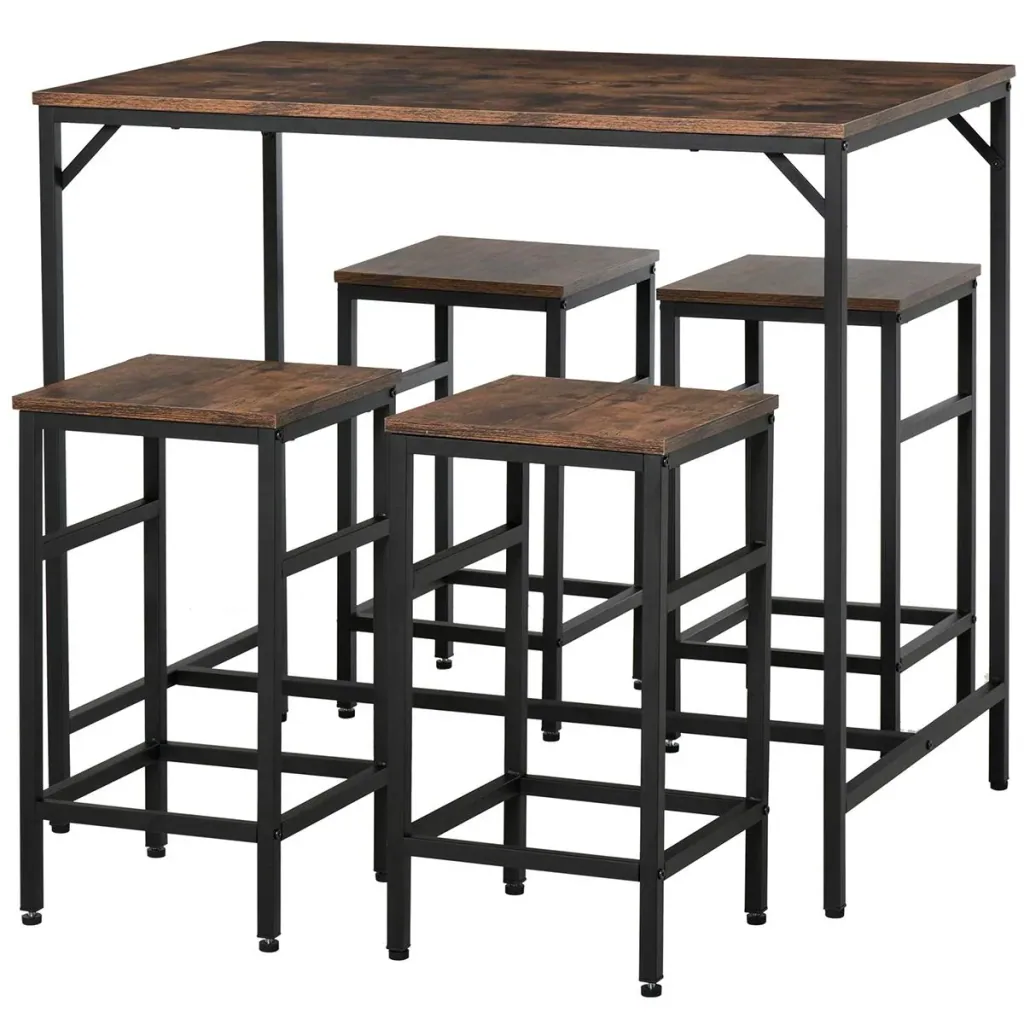Bartisch-Set Stehtisch mit 4 Barhockern 5-teiliges Tischset Küchentresen Spanplatte Stahl Rustikales Braun+Schwarz 100 x