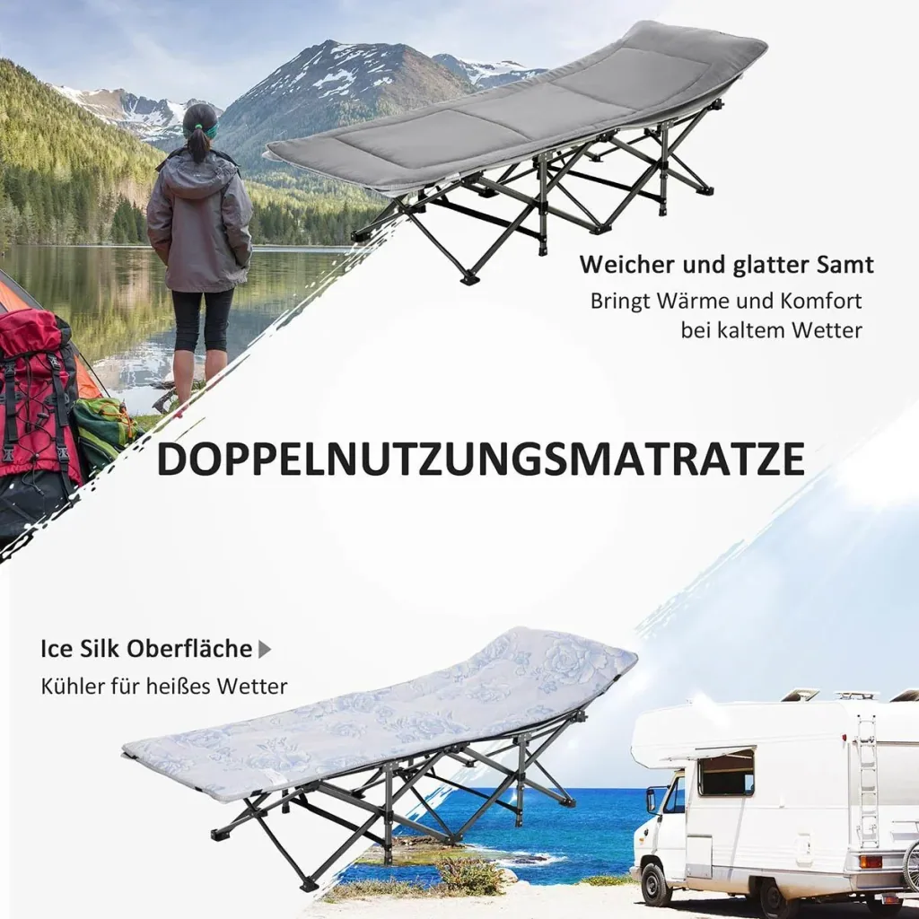 Campingbett klappbar Feldbett Klappbett mit Kopfkissen Seitentasche Matratze Gästebett bis 150 kg belastbar Reisen Outdo