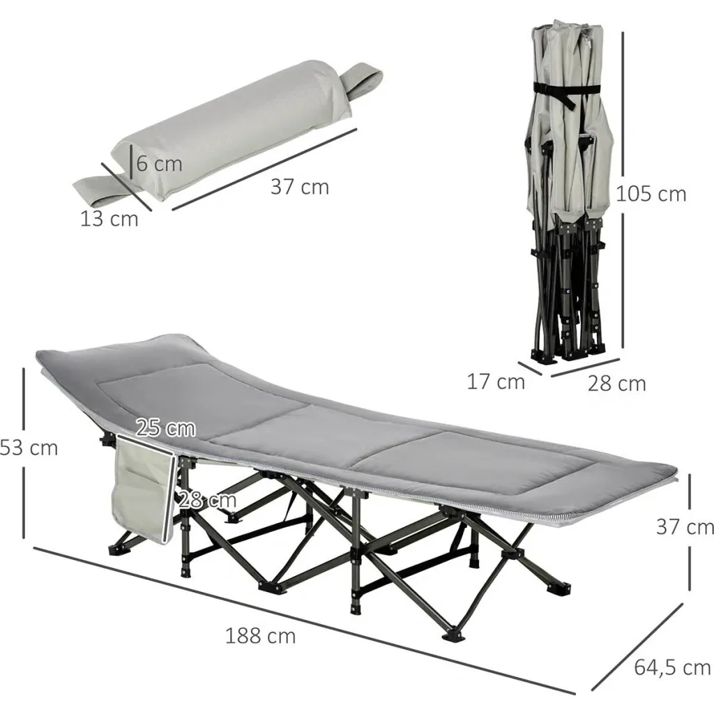 Campingbett klappbar Feldbett Klappbett mit Kopfkissen Seitentasche Matratze Gästebett bis 150 kg belastbar Reisen Outdo