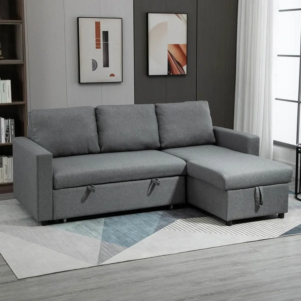 Ecksofa mit Schlaffunktion Stauraum Eckcouch mit Bettkasten Chaiselongue Schlafsofa Stoffsofa L-Form Leinen-Touch Hellgr