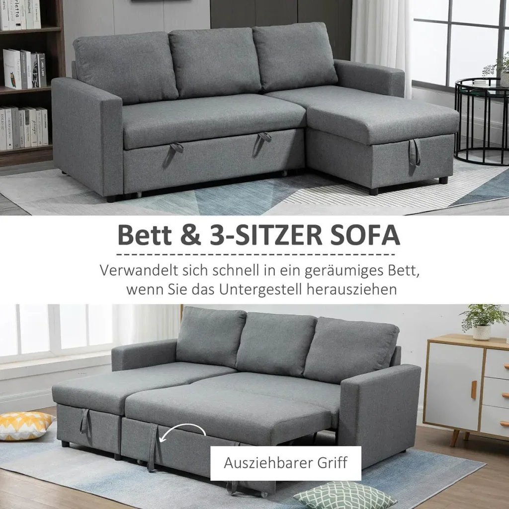 Ecksofa mit Schlaffunktion Stauraum Eckcouch mit Bettkasten Chaiselongue Schlafsofa Stoffsofa L-Form Leinen-Touch Hellgr
