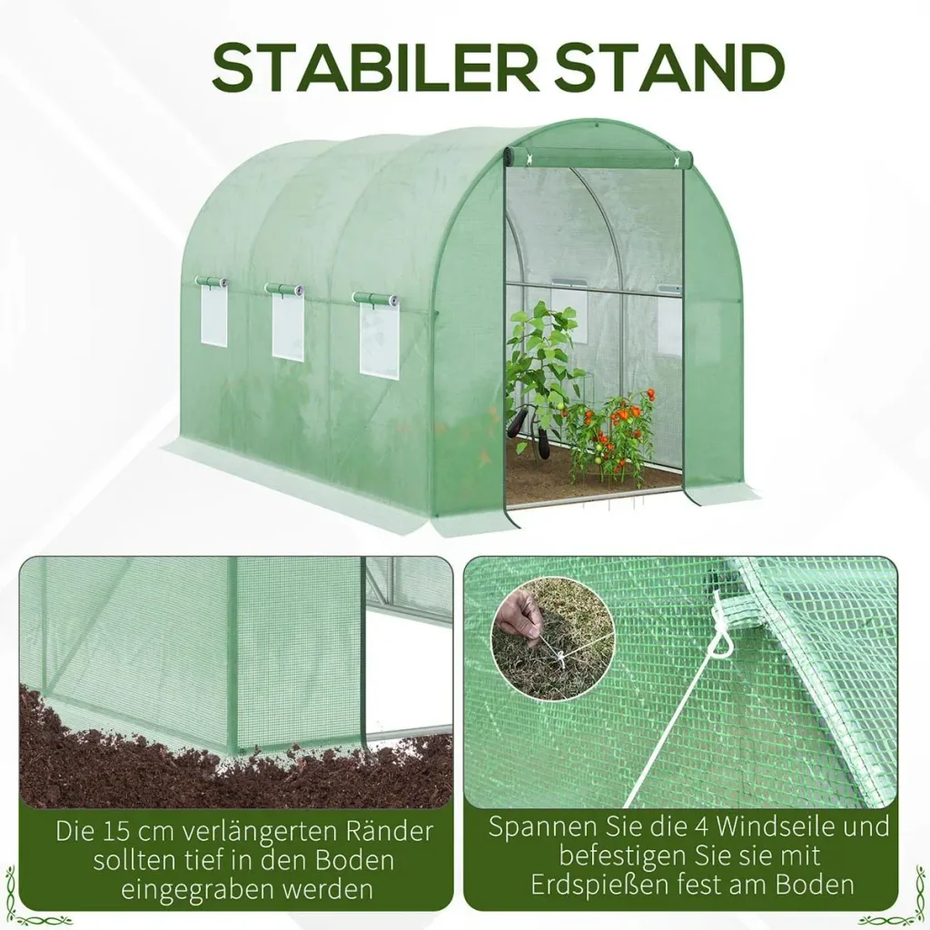 Foliengewächshaus begehbares Gewächshaus 3 x 2 m Polytunnel Folientunnel Treibhaus Frostschutz Stahlrohr Dunkelgrün