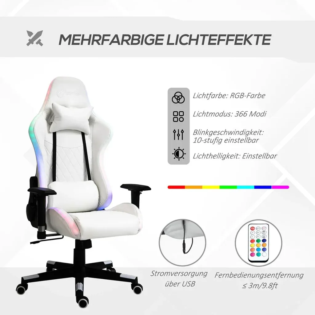 Gaming Stuhl mit RGB LED-Beleuchtung ergonomisch mit Kissen Rückenlehne verstellbar Weiß+Schwarz 68 x 68 x 126-136 cm
