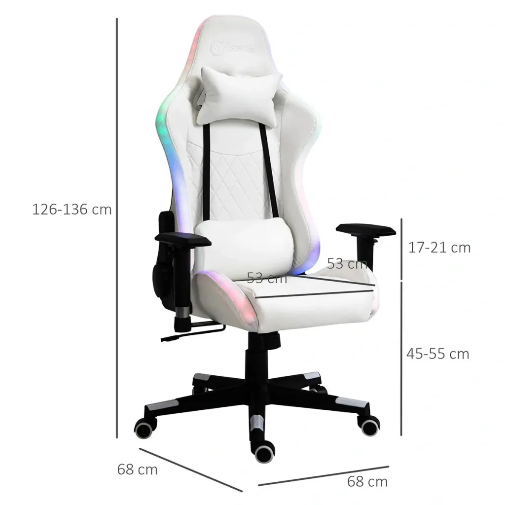 Gaming Stuhl mit RGB LED-Beleuchtung ergonomisch mit Kissen Rückenlehne verstellbar Weiß+Schwarz 68 x 68 x 126-136 cm