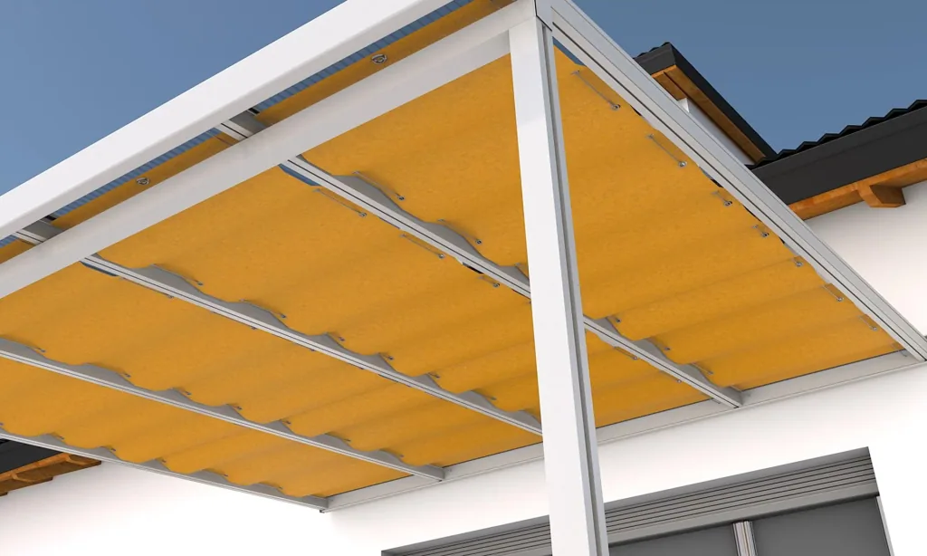 Beschattung mit Seilführung, 945 x 4900 mm - Stoff Golden Crops, orange gestreift, passend für Dachtiefe 5 m