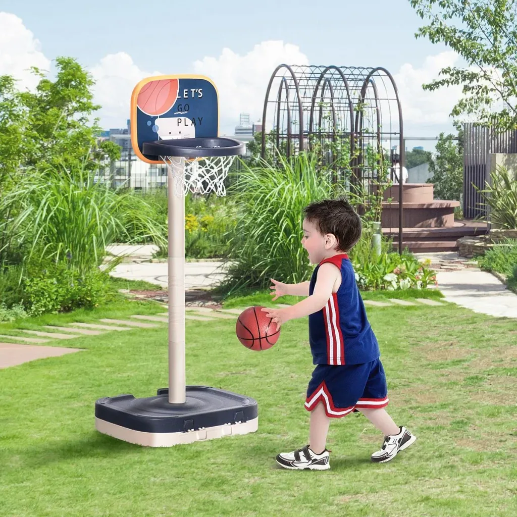 Kinder Basketballständer Basketballkorb einstellbar höhenverstellbar tragbar leicht mit Ball und Pumpe Lila+Weiß 58,5x56