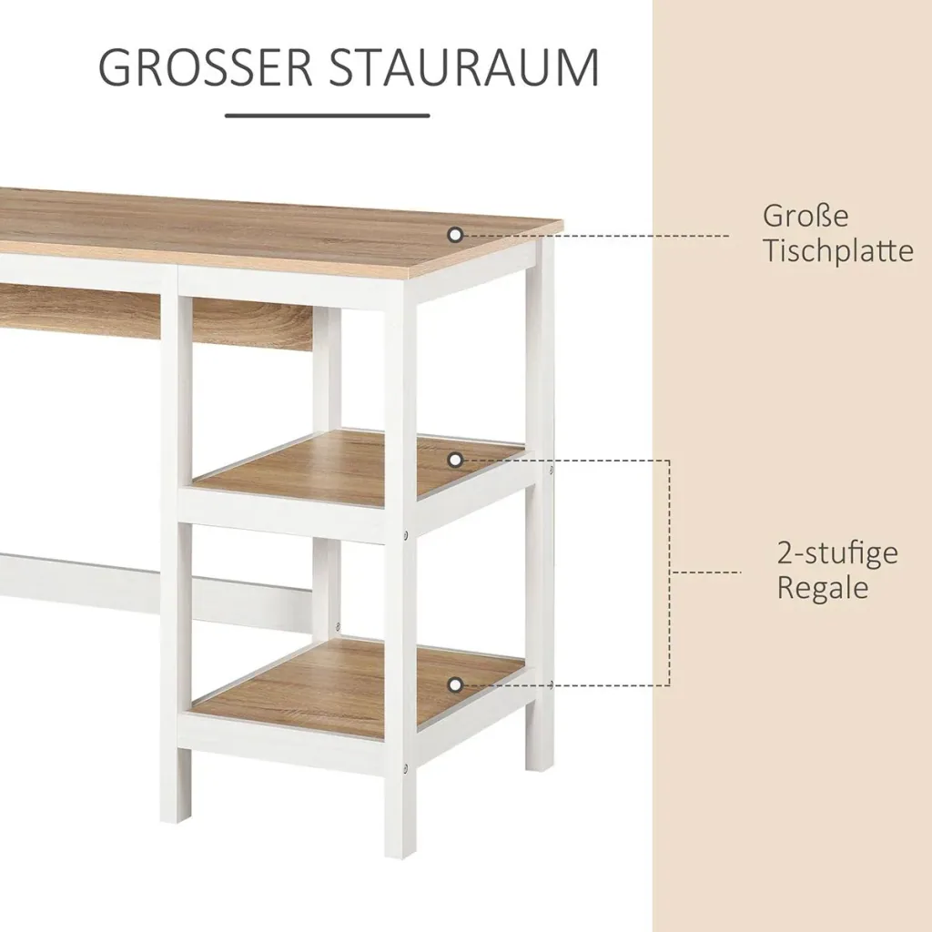Schreibtisch mit 2 Ebenen Regal, Computertisch, Bürotisch, MDF, Natur+Weiß, 110 x 48 x 76,2 cm