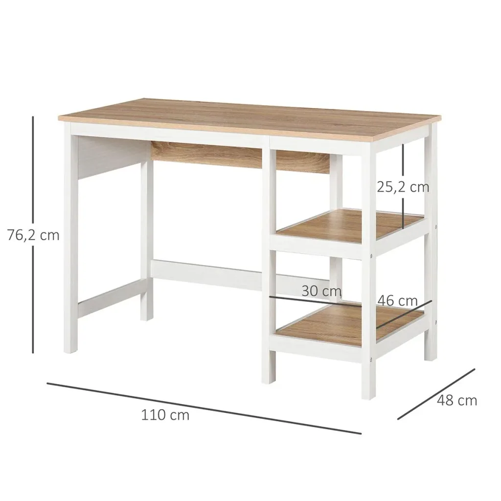 Schreibtisch mit 2 Ebenen Regal, Computertisch, Bürotisch, MDF, Natur+Weiß, 110 x 48 x 76,2 cm