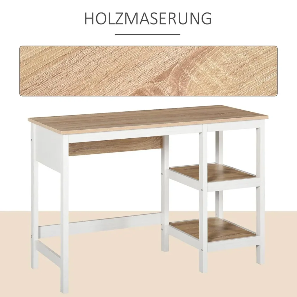 Schreibtisch mit 2 Ebenen Regal, Computertisch, Bürotisch, MDF, Natur+Weiß, 110 x 48 x 76,2 cm
