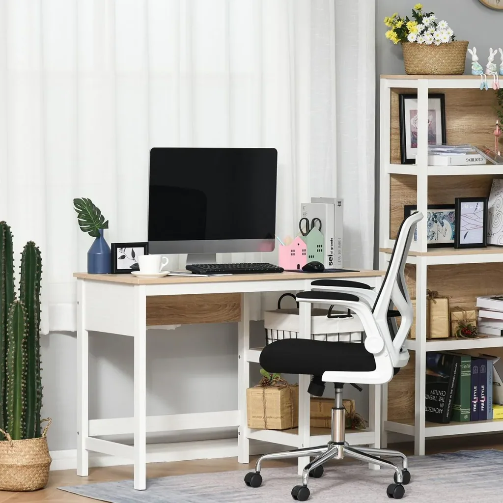 Schreibtisch mit 2 Ebenen Regal, Computertisch, Bürotisch, MDF, Natur+Weiß, 110 x 48 x 76,2 cm
