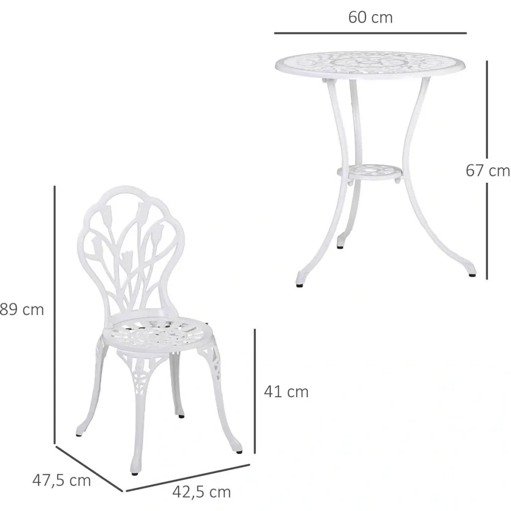 Sitzgruppe 3-teilige Essgruppe Gartenmöbel-Set 1 Tisch+2 Stühle mit Schirmloch Terrasse Aluminium Weiß Ø60 x 67H cm