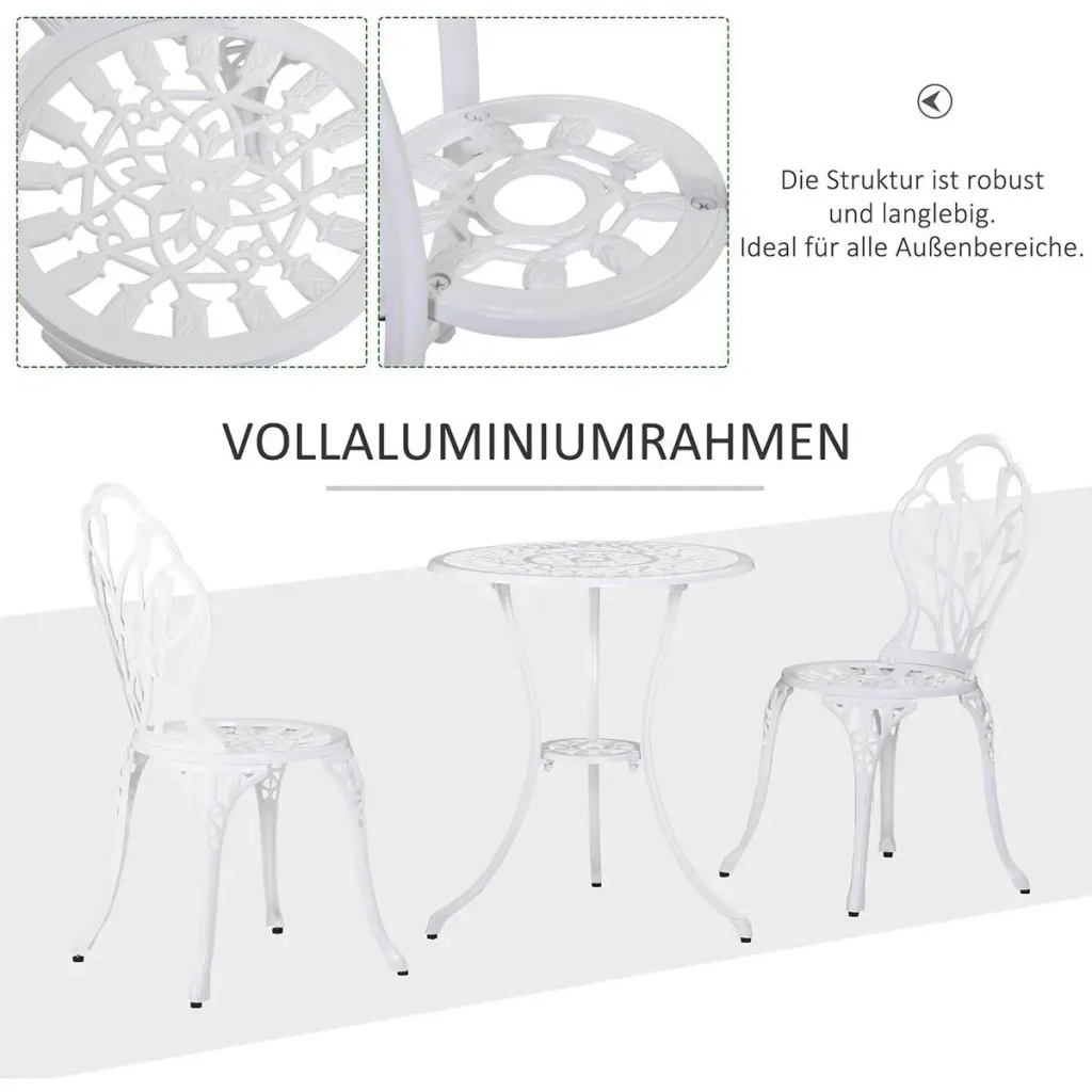 Sitzgruppe 3-teilige Essgruppe Gartenmöbel-Set 1 Tisch+2 Stühle mit Schirmloch Terrasse Aluminium Weiß Ø60 x 67H cm