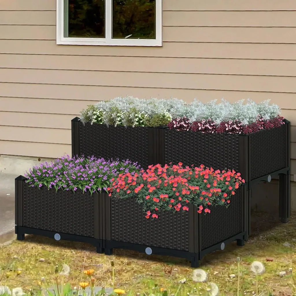 4-teiliges Hochbeet in Rattan-Optik dunkelbraun