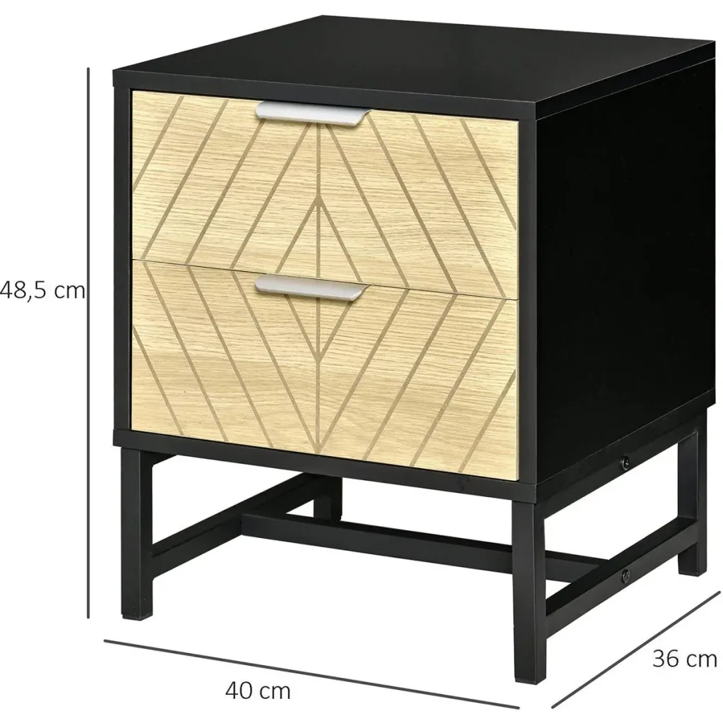 Nachttisch Nachtkommode mit 2 Schubladen Beistelltisch Nachtschrank Sofatisch Schwarz+Natur 40 x 36 x 48,5 cm