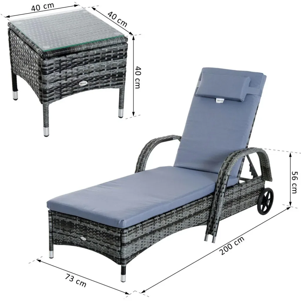 Sonnenliege Gartenliege Tisch 3er-Set Gartenmöbel Polyrattan + Metall Grau höhenverstellbar