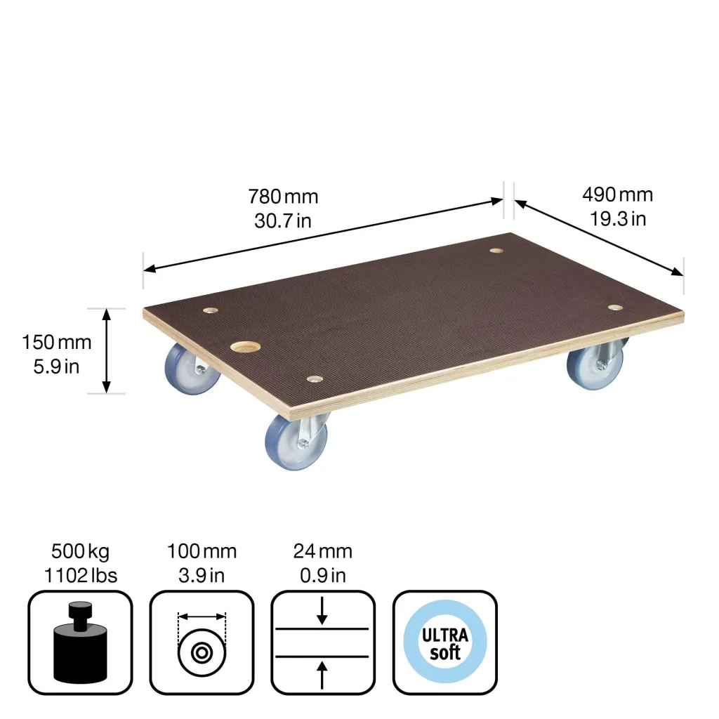 Transporthilfe MM 1146, 78 x 49 x 15 cm, softe Rollen Ø 100 mm, Rollenlager, Platte Maxigrip FSC®, Tragkraft 500 kg