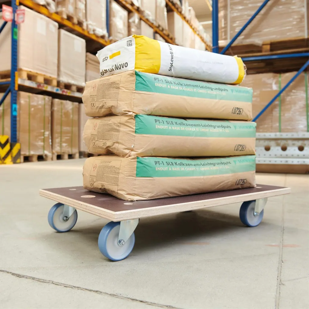 Transporthilfe MM 1146, 78 x 49 x 15 cm, softe Rollen Ø 100 mm, Rollenlager, Platte Maxigrip FSC®, Tragkraft 500 kg