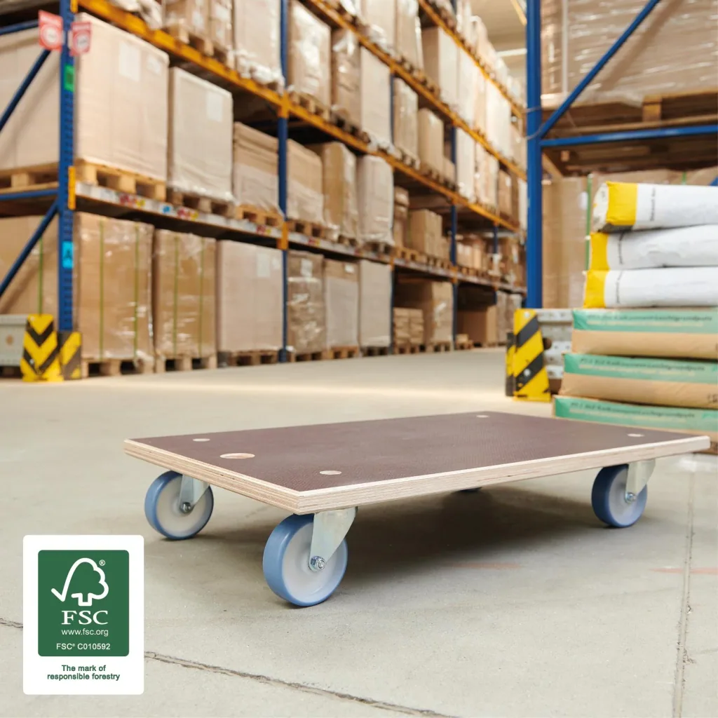 Transporthilfe MM 1146, 78 x 49 x 15 cm, softe Rollen Ø 100 mm, Rollenlager, Platte Maxigrip FSC®, Tragkraft 500 kg
