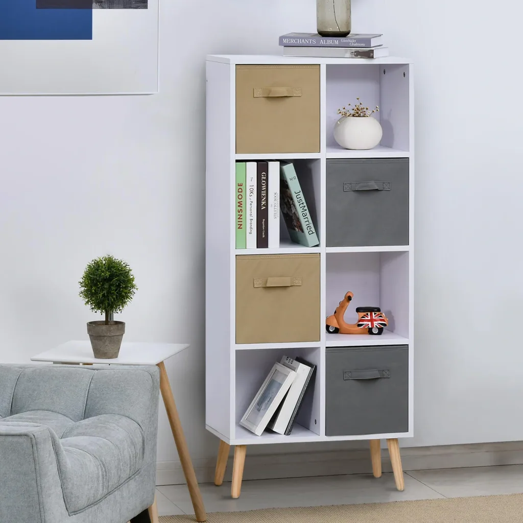 Würfelschrank mit 4 offenen Fächern und 4 Stoffschubladen
