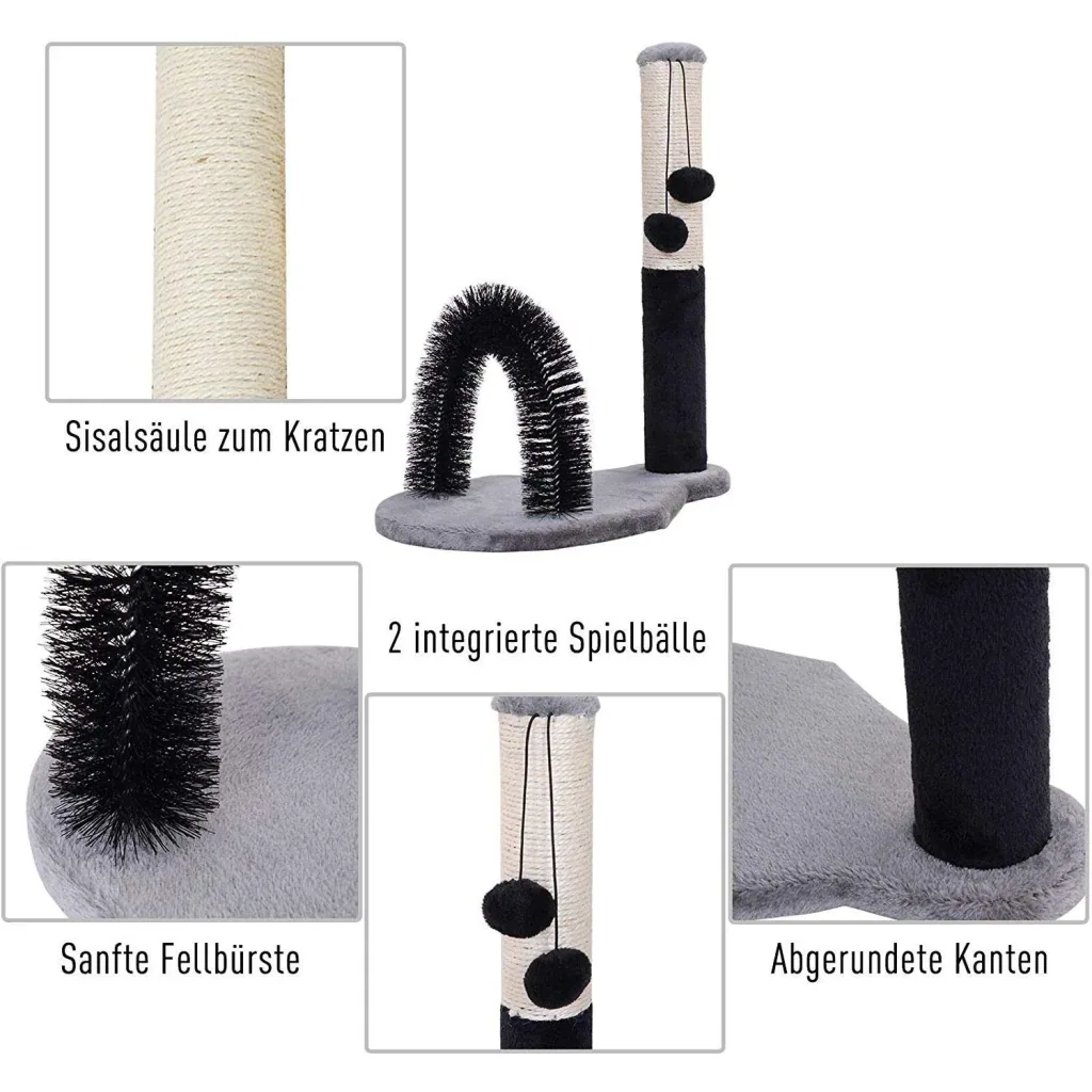 Kratzbaum Katzenkratzbaum Kratzsäule mit Bällen Massagebogen Holz+Sisal+Plüsch Schwarz+Grau+Beige 48x30x52cm