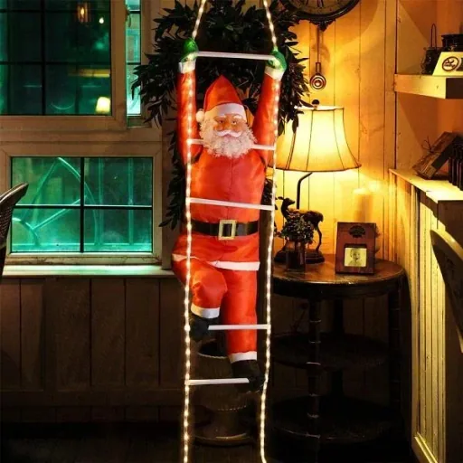 Weihnachtsmann auf Leiter 90cm mit Beleuchtung