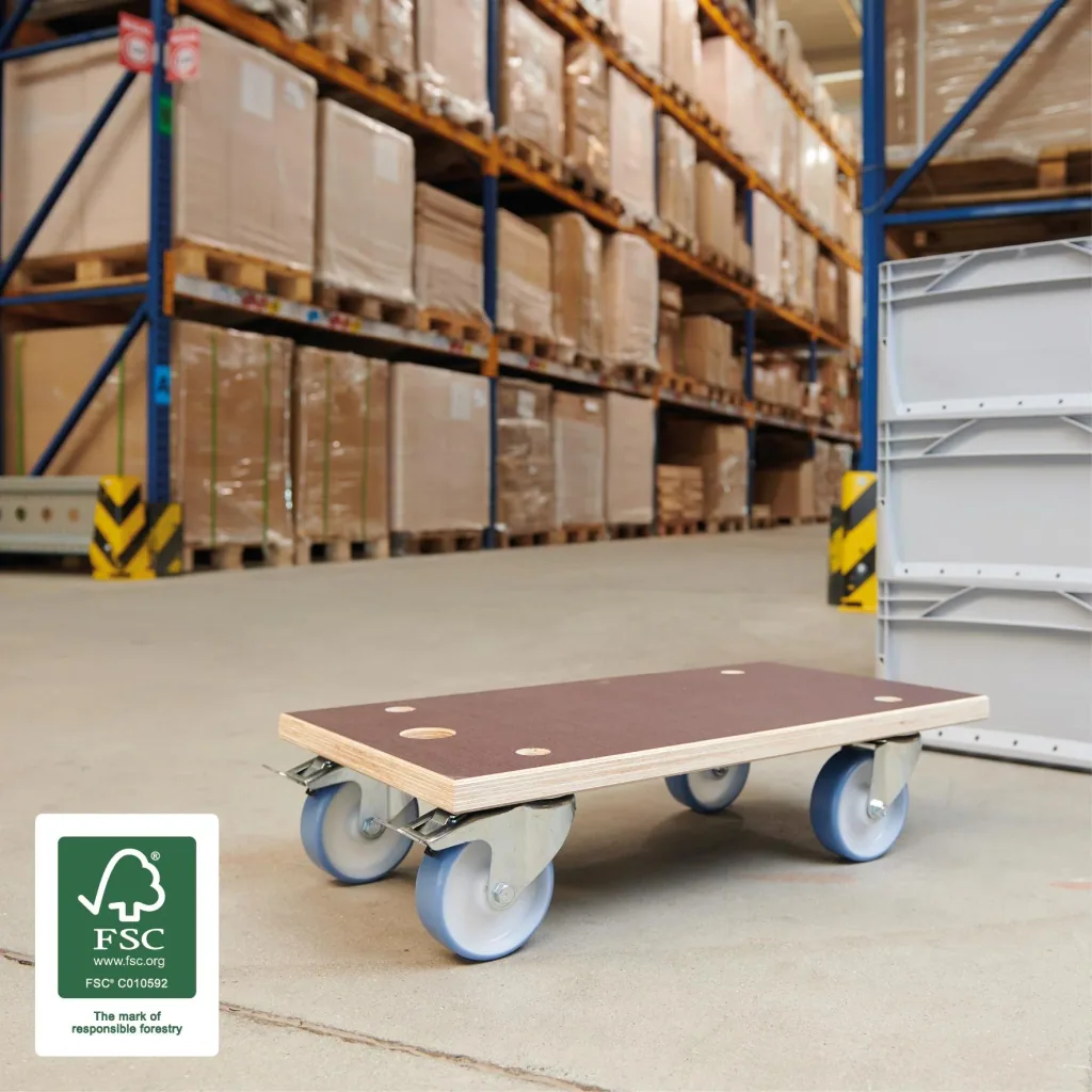 Transporthilfe MM 1341, 57,5 x 30 x 15 cm, harte Rollen Ø 100 mm, Rollenlager, 2 Bremsen, Platte FSC®, Tragkraft 500 kg