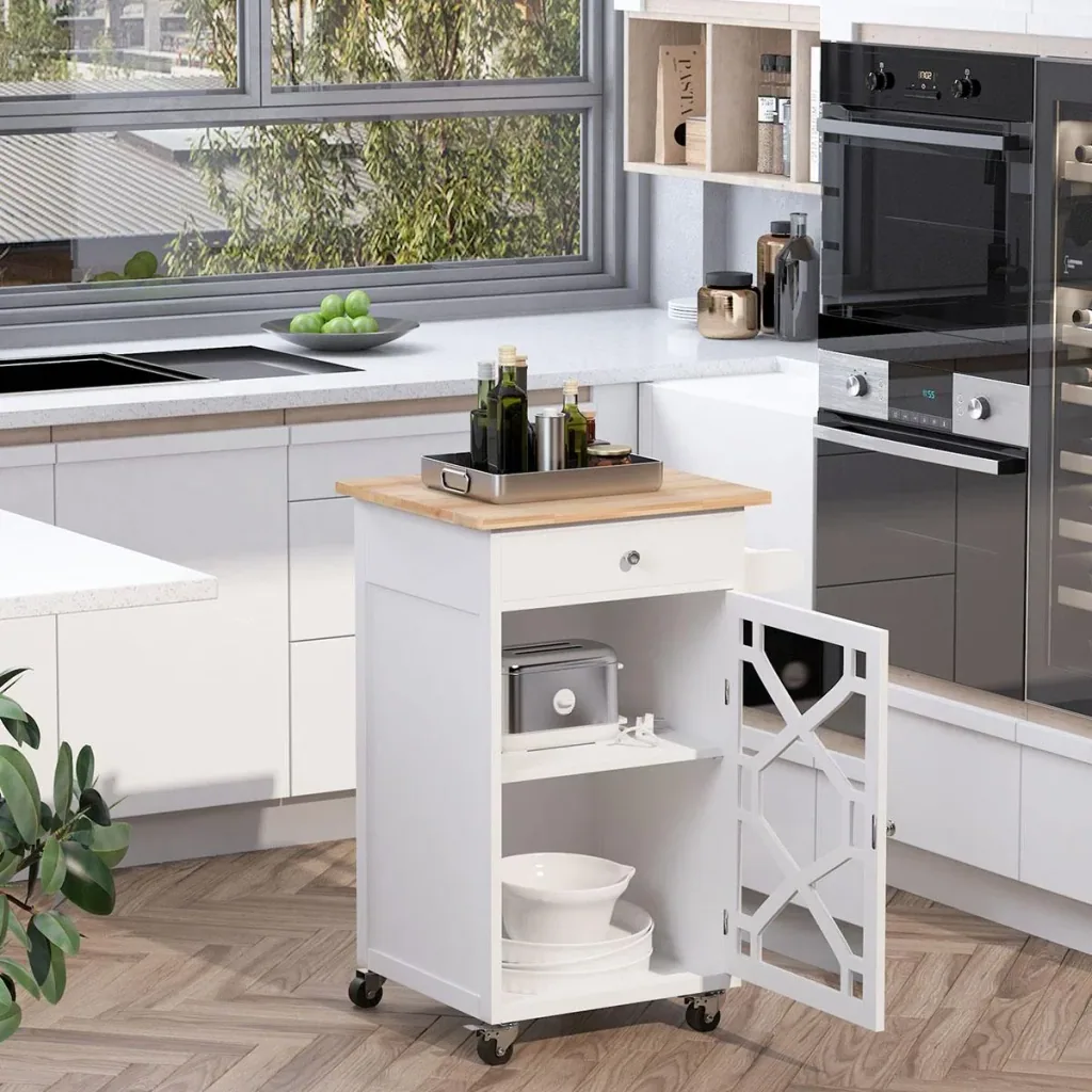 Küchenwagen Rollwagen Servierwagen mit 1 Schublade Schrank für Küchen Gummiholz Kiefernholz MDF Natur+Weiß 63 x 45 x 86 