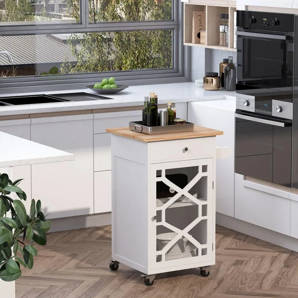 Küchenwagen Rollwagen Servierwagen mit 1 Schublade Schrank für Küchen Gummiholz Kiefernholz MDF Natur+Weiß 63 x 45 x 86 