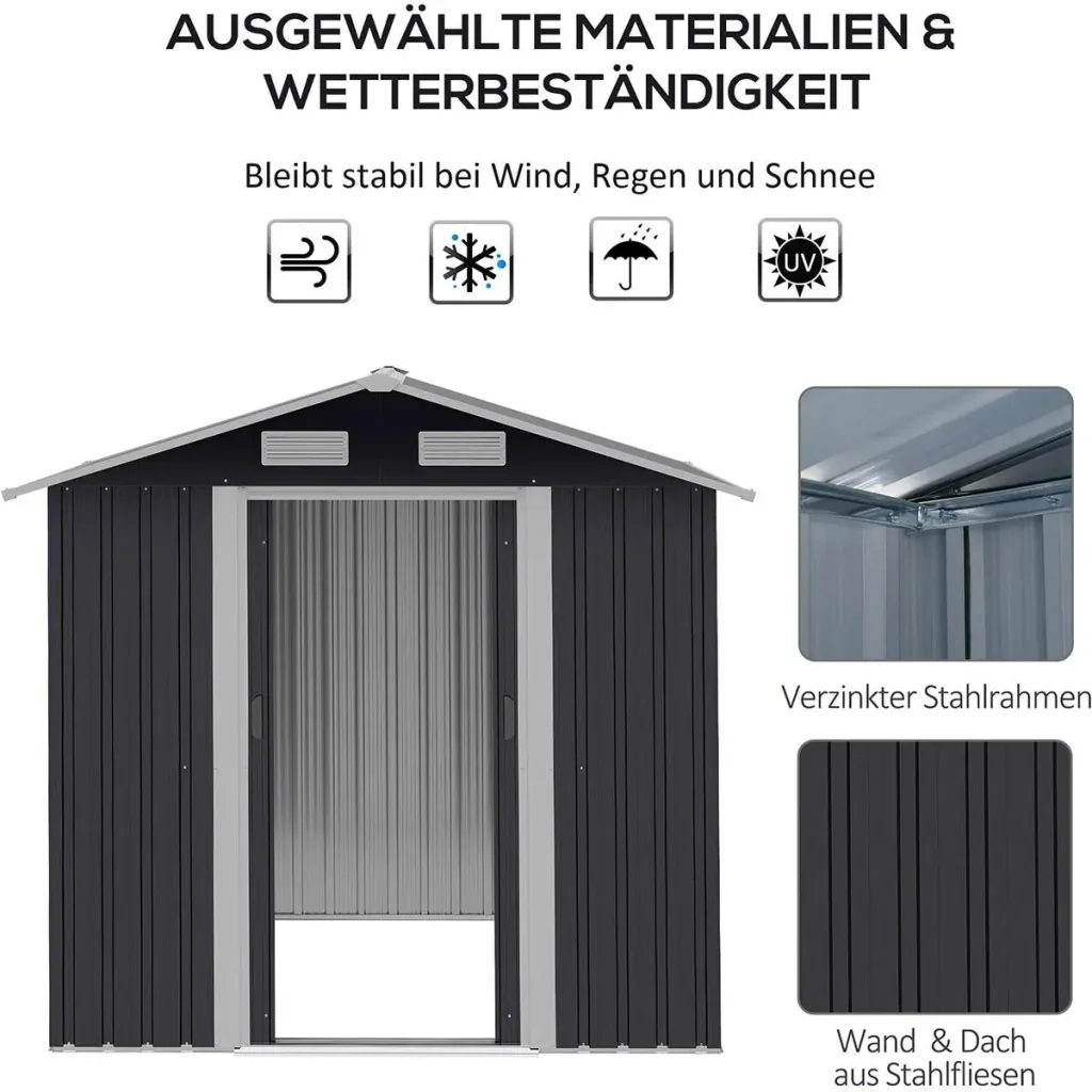 Gerätehaus mit 2 Schiebetüren Metall Gartenhaus 2,6 m² Geräteschuppen verzinkter Stahl Dunkelgrau 195,5 x 153 x 188 cm