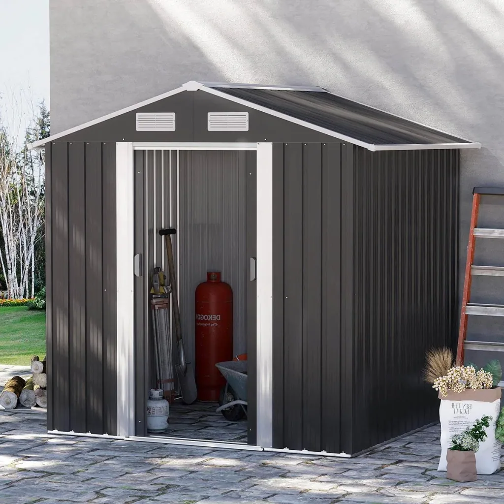 Gerätehaus mit 2 Schiebetüren Metall Gartenhaus 2,6 m² Geräteschuppen verzinkter Stahl Dunkelgrau 195,5 x 153 x 188 cm