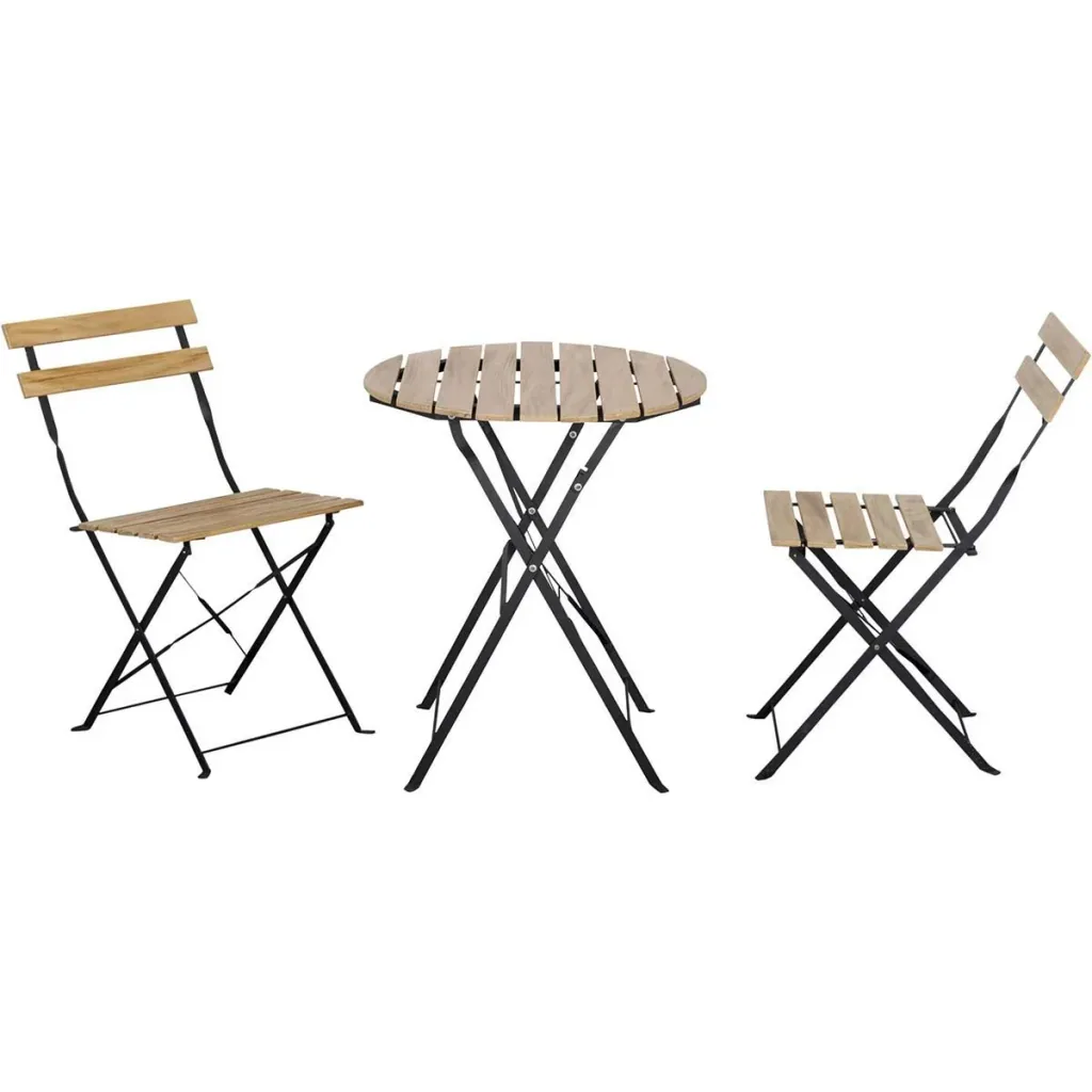 3-teiliges Bistro-Set, zusammenklappbar, Massivholz + Stahlrahmen, naturfarben
