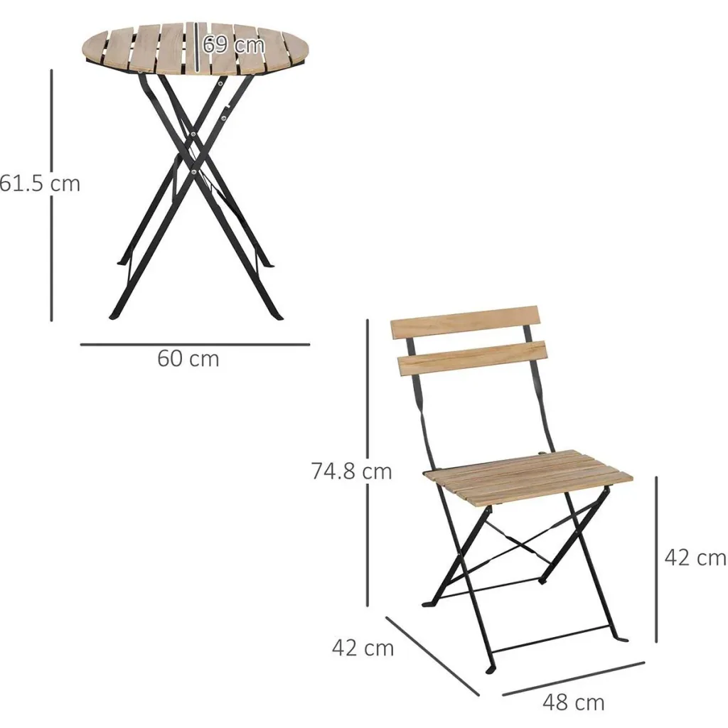 3-teiliges Bistro-Set, zusammenklappbar, Massivholz + Stahlrahmen, naturfarben