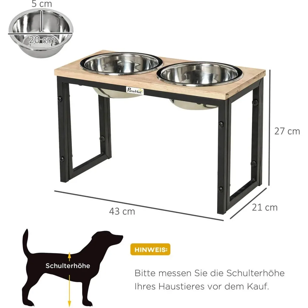 erhöhter Hundenapf Doppelnapf Futternapf mit Stahlnäpfen Haustier Fressnapf Kiefernholz Schwarz 43 x 21 x 27 cm