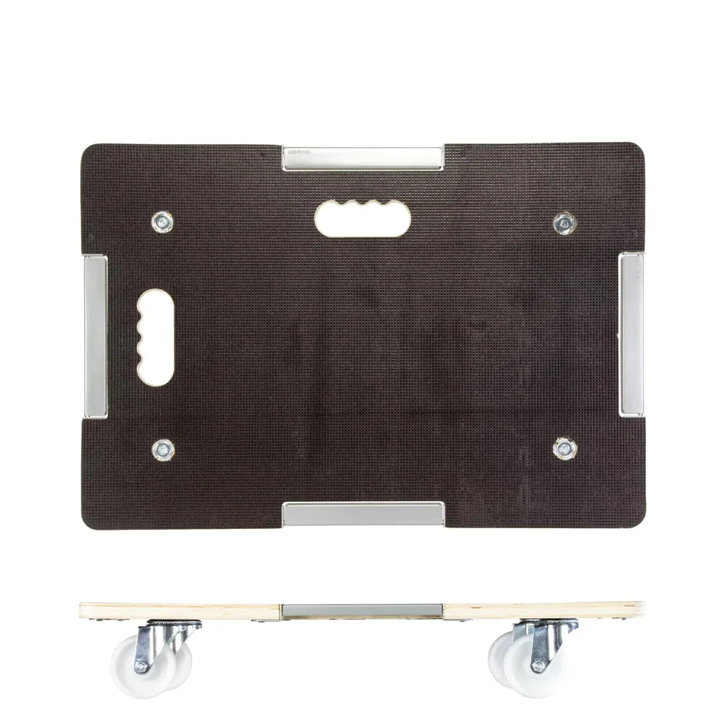 Transporthilfe MM 1381, 63 x 43 x 11 cm, harte Rollen Ø 75 mm, Rollenlager, Sicherung, Platte FSC®, Tragkraft 250 kg