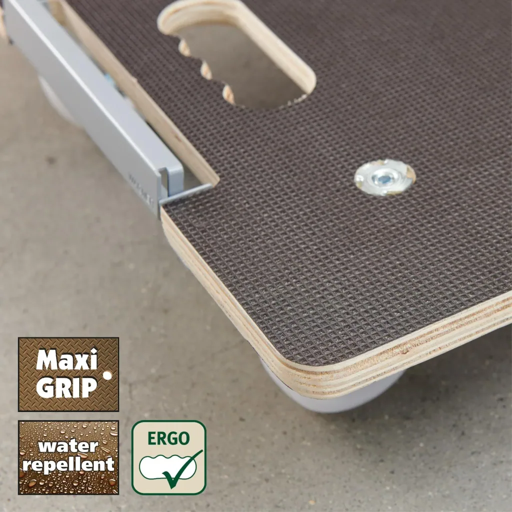 Transporthilfe MM 1381, 63 x 43 x 11 cm, harte Rollen Ø 75 mm, Rollenlager, Sicherung, Platte FSC®, Tragkraft 250 kg