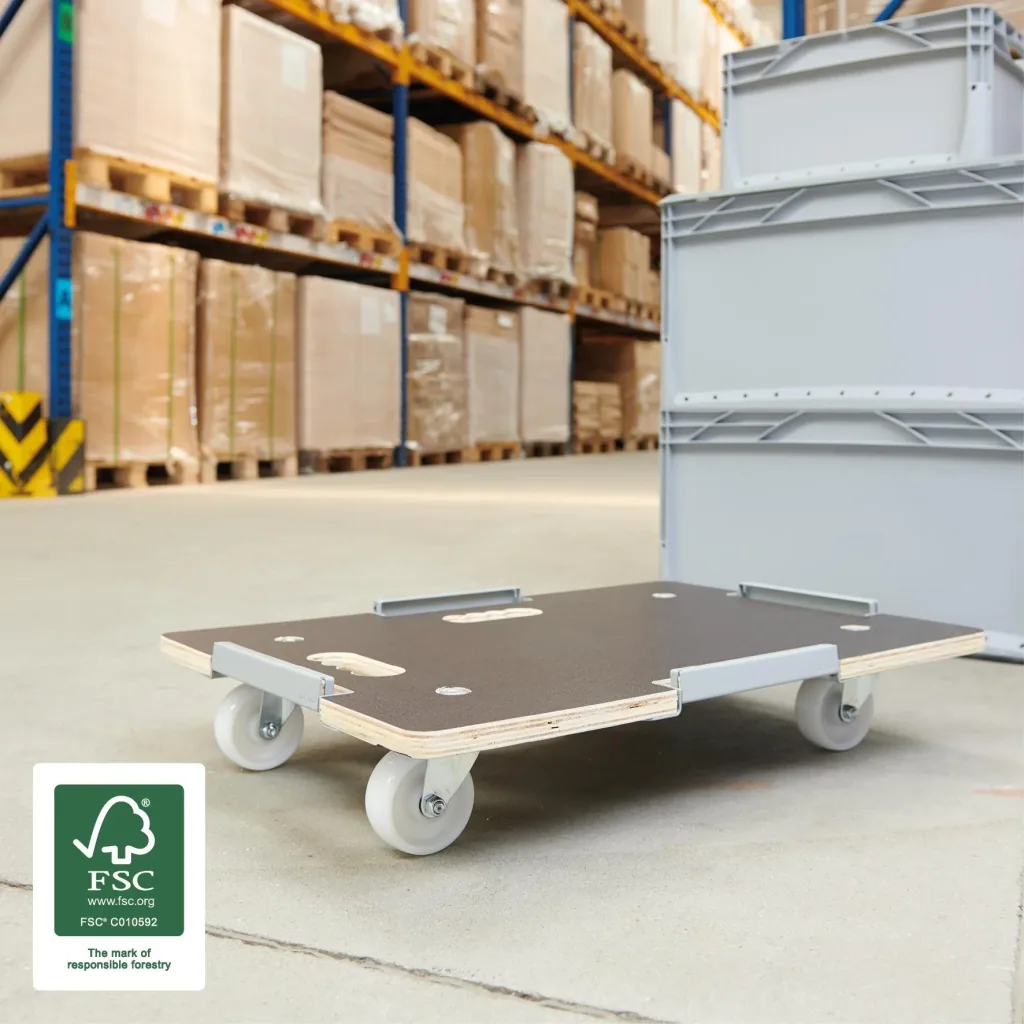 Transporthilfe MM 1381, 63 x 43 x 11 cm, harte Rollen Ø 75 mm, Rollenlager, Sicherung, Platte FSC®, Tragkraft 250 kg