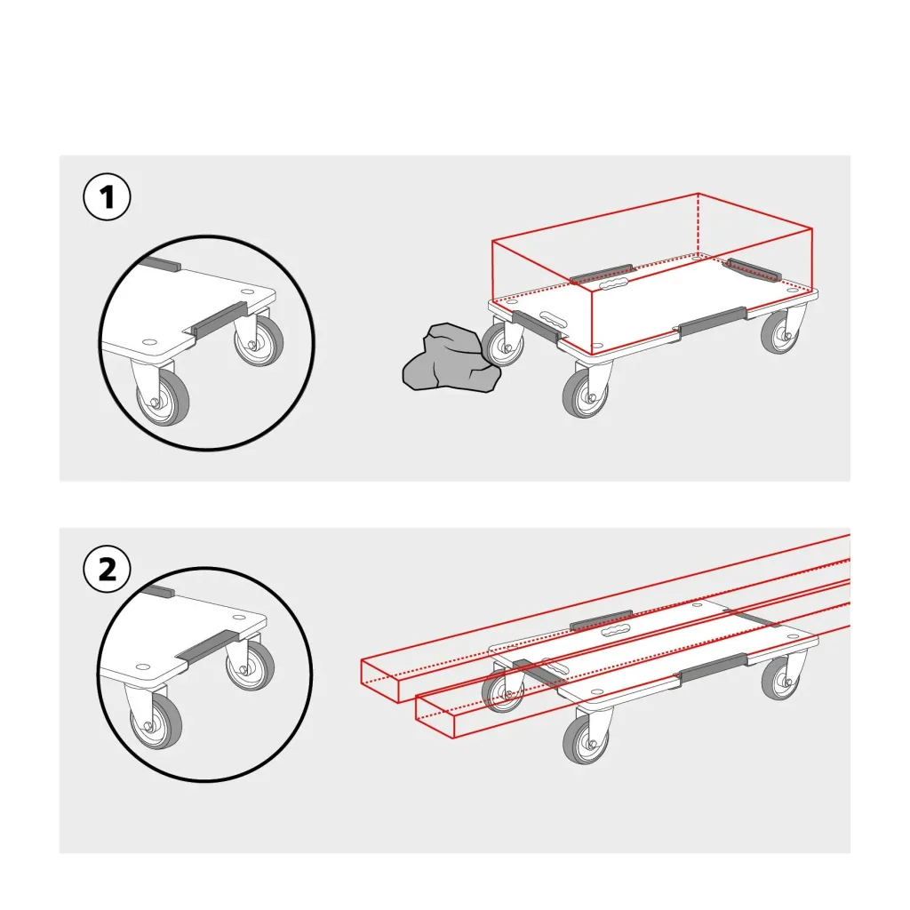 Transporthilfe MM 1381, 63 x 43 x 11 cm, harte Rollen Ø 75 mm, Rollenlager, Sicherung, Platte FSC®, Tragkraft 250 kg