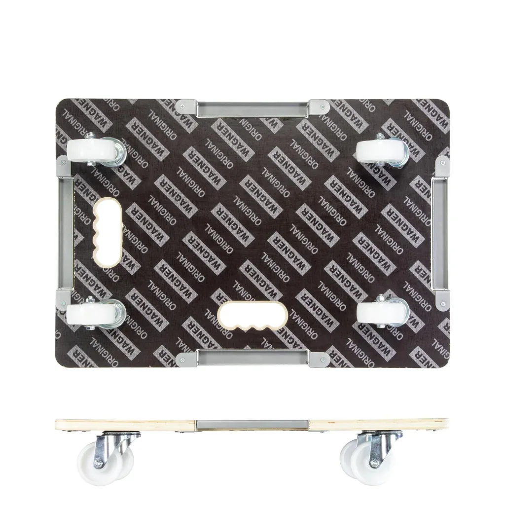 Transporthilfe MM 1381, 63 x 43 x 11 cm, harte Rollen Ø 75 mm, Rollenlager, Sicherung, Platte FSC®, Tragkraft 250 kg