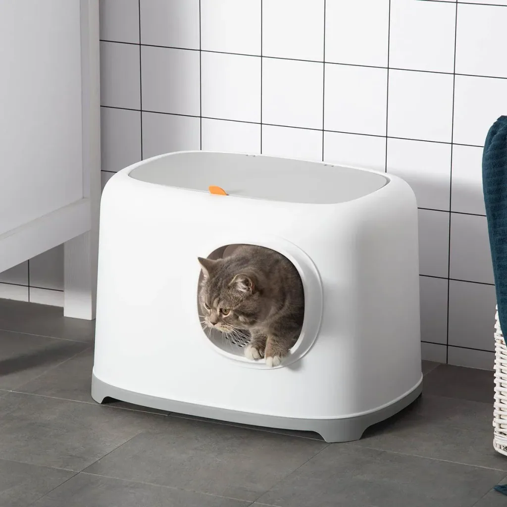 Design Katzentoilette mit Deckel - Netzboden - Weiß - 55 x 40 x 39 cm