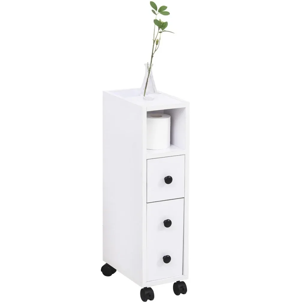 Badschrank Badezimmerschrank Badregal Kommode Standschrank zwei Schubfächer offenes Fach vier Räder Spanplatte Weiß 18x3
