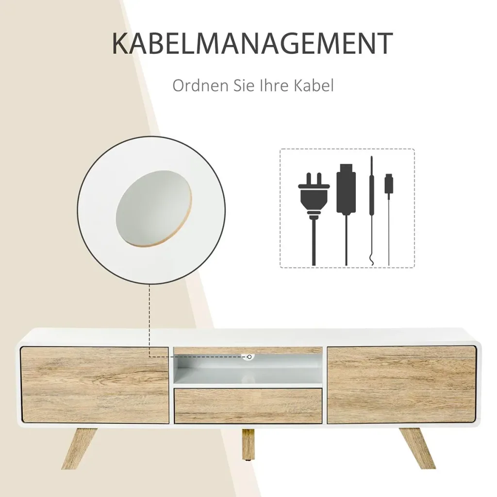 TV Schrank TV Lowboard Kommode für Fernseher kleiner als 60'' mit Push-In-Design Schublade Wohnzimmer MDF Weiß+Natur 160