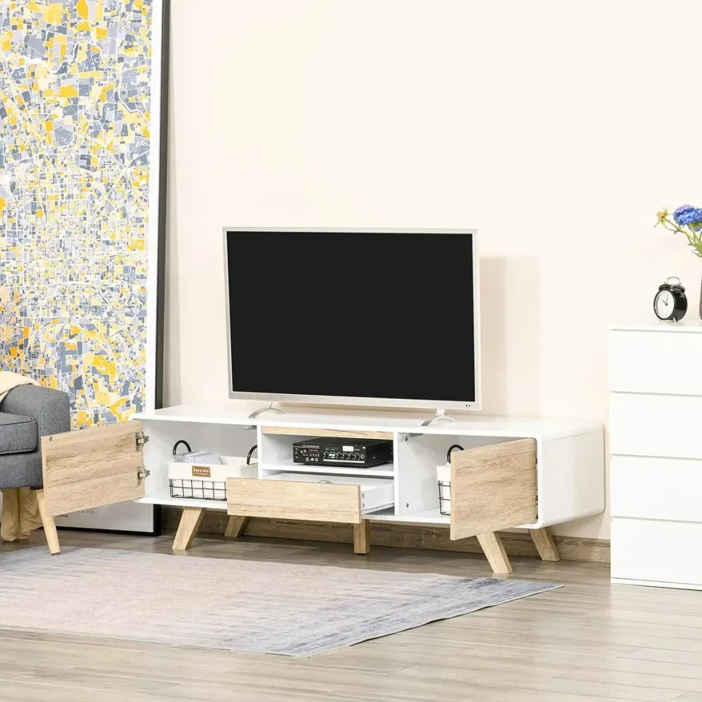 TV Schrank TV Lowboard Kommode für Fernseher kleiner als 60'' mit Push-In-Design Schublade Wohnzimmer MDF Weiß+Natur 160