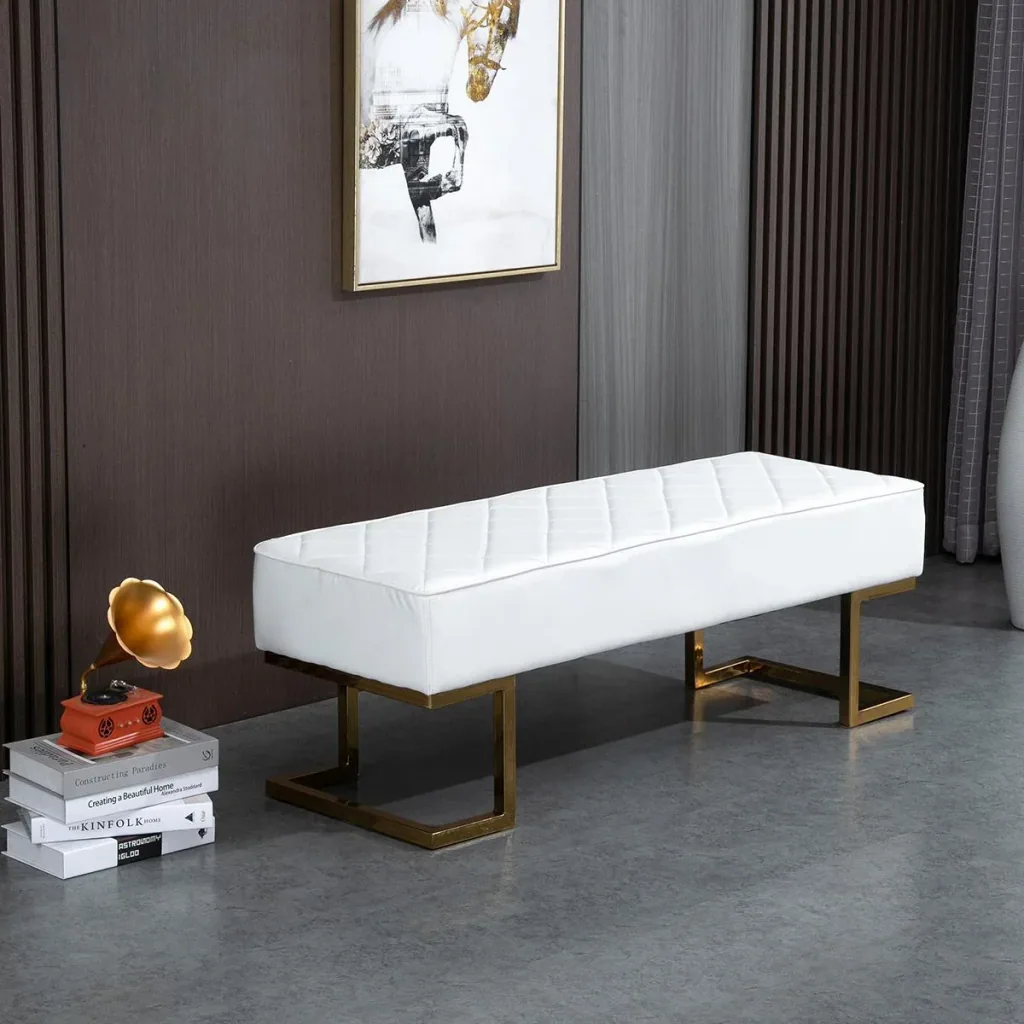 Sitzbank für Schlafzimmer Truhenbank Bettbank Wohnzimmer Kunstleder Metall Weiß+Gold 120 x 43 x 42 cm