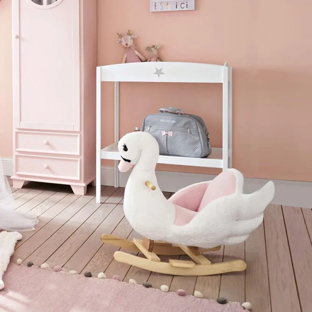 Kinder Schaukelpferd Baby Schaukeltier Schwan mit Musik Spielzeug Haltegriffe ab 18 Monate Plüsch Rosa+Weiß 60x32x55 cm