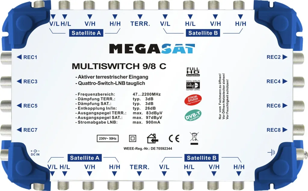 Multischalter 9/8 C - Erweiterbares System. Geeignet für 2 Satelliten bis zu 8 Teilnehmer pro Multischalter
