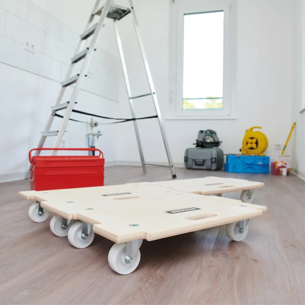 Transporthilfe MM 1382, 59 x 39 x 11 cm, kombinierbar, harte Rollen Ø 75 mm, Rollenlager, Birke FSC®, Tragkraft 250 kg