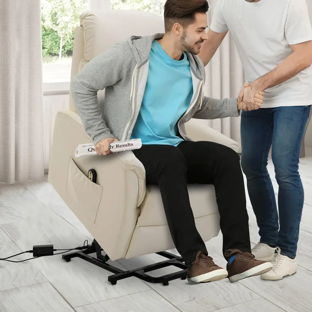 Aufstehsessel Fernsehsessel mit Aufstehhilfe elektrisch Liegefunktion Kunstleder Beige, 80 x 94 x 104 cm