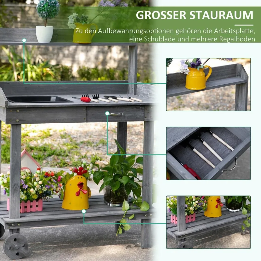 Pflanztisch mit Schublade 2 Stufen Gärtnertisch mit waschbecken und Rollen Garten Tannenholz Grau 92 x 45 x 119 cm