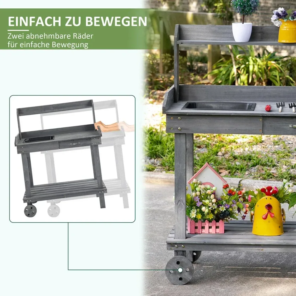 Pflanztisch mit Schublade 2 Stufen Gärtnertisch mit waschbecken und Rollen Garten Tannenholz Grau 92 x 45 x 119 cm