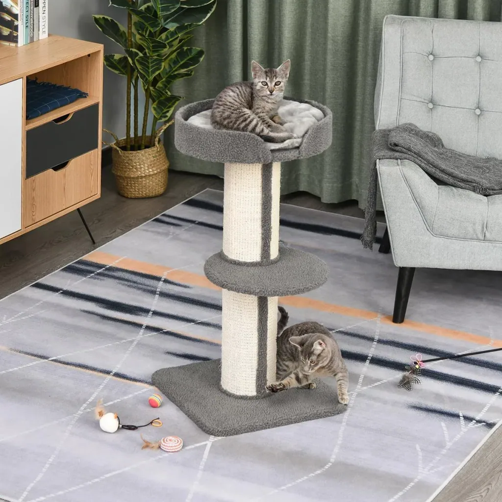 Katzenbaum Spielbaum Kratzstamm mit Plattform Sisal E1 Spanplatte Plüsch Grau 45 x 45 x 91 cm